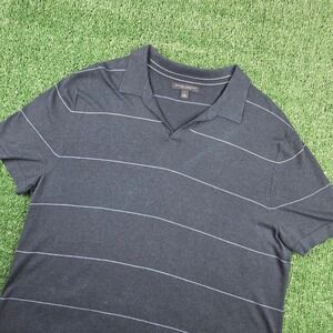 Banana Republic Mens Silk Cotton Knit Polo Shirt Navy Blue Striped Large V-Neck